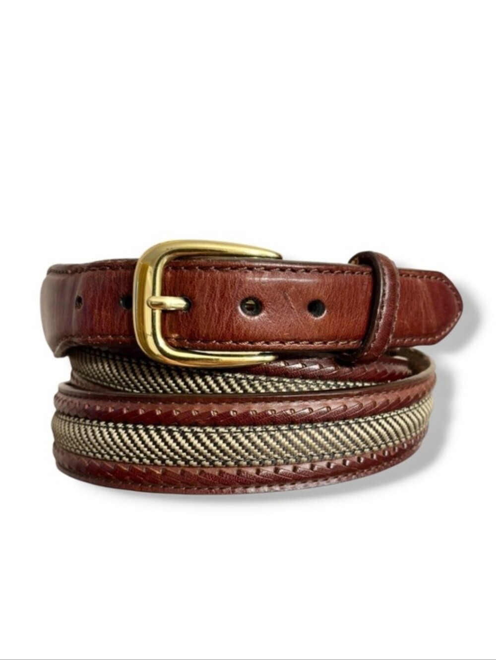 BRIGHTON Brown Belt Braided Leather with Camden Fabric Insert Tapered Design